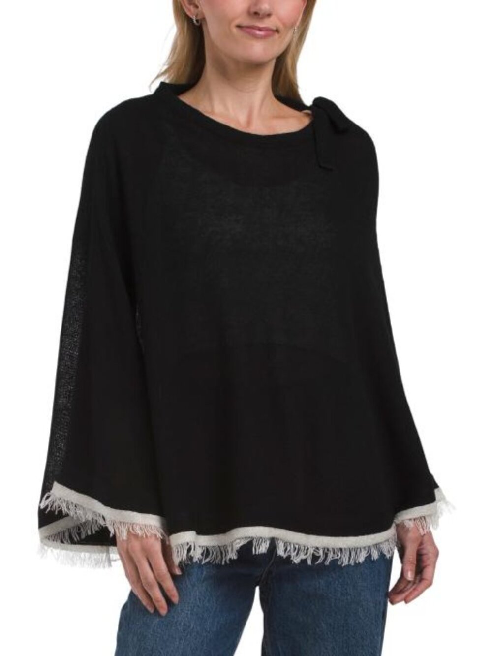 PORTOLANO Wool Blend Poncho With Eyelash Fringes And Bow